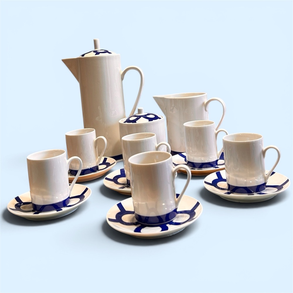 Vintage LBL Lubiana Poland Porcelain Coffee Set Mid Century Modern Blue Geometri